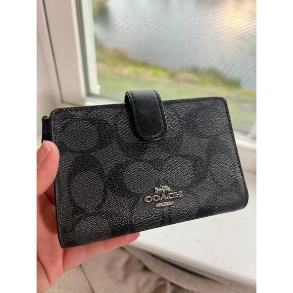 Coach F23553 Signature Monogram Medium Corner Zip Wallet in Black and Gray - Picture 4 of 12